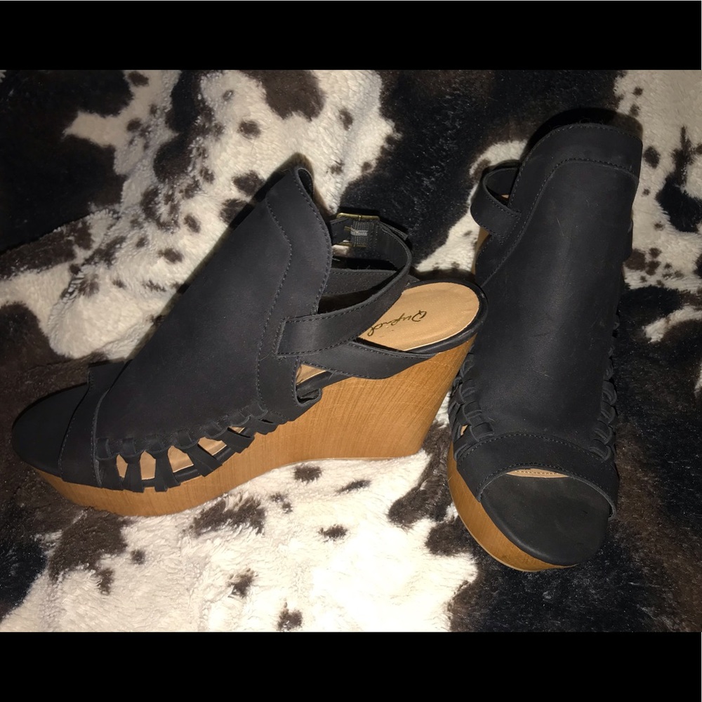 Black Peep Toe Wedges